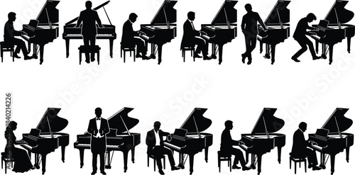 Grand piano musician silhouettes collection illustration, classical pianist performing concert poses set, music performance concept, cad drawing flat vector illustration