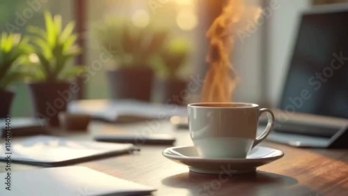 Coffee Cup with Steam on Minimal Office Desk
