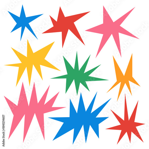Sharp star bursts with irregular edges create dynamic starburst shapes perfect for abstract vector designs, bold graphics, and eye-catching geometric patterns with spiky points.