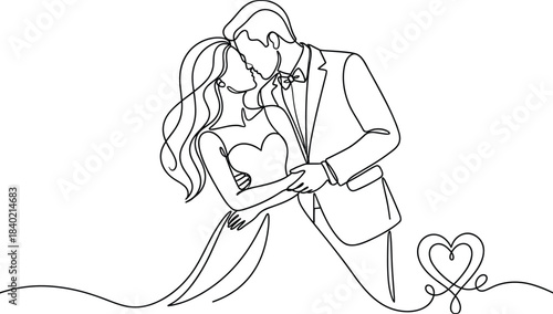 Minimalist single line wedding couple illustration, romantic bride and groom embrace, elegant love art, cad drawing flat vector illustration