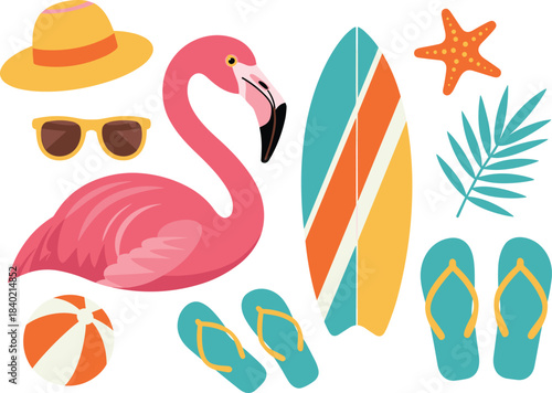 Summer vacation illustration set featuring flamingo, surfboard, beach accessories, flip flops, sunglasses, hat, starfish, tropical leaves, beach ball design