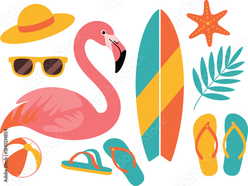 Summer vacation illustration set featuring flamingo, surfboard, beach accessories, flip flops, sunglasses, hat, starfish, tropical leaves, beach ball design