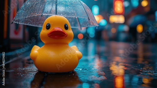 Fototapeta Naklejka Na Ścianę i Meble -  Yellow rubber duck under a clear umbrella in a rainy city street