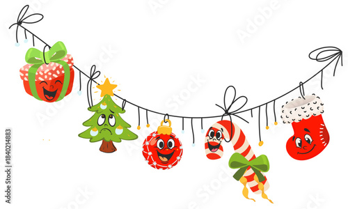 Garland with funny emotional Christmas toys drawn in doodle style.