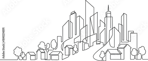 Modern city skyline line art illustration, urban buildings and suburban houses landscape design, architectural concept, cad drawing flat vector illustration