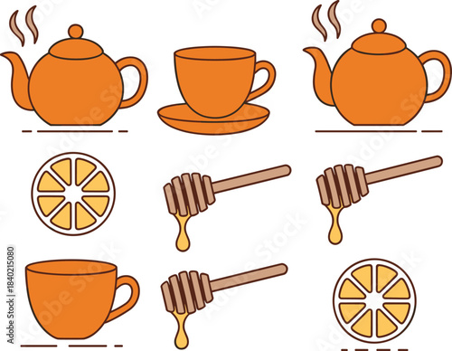 Tea and honey illustration set featuring teapots, cups, lemon slices, and dripping honey, cozy warm drink icons for cafe design