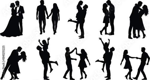 Romantic couple silhouettes collection illustration, men and women dancing hugging kissing poses set, love relationships concept, cad drawing flat vector illustration