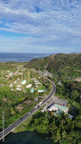 Drone shot of coastal village in Fiji, Vatukarasa