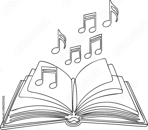Continuous line art illustration of a songbook with musical notes rising upward in a clean minimalist outline style, vector illustration