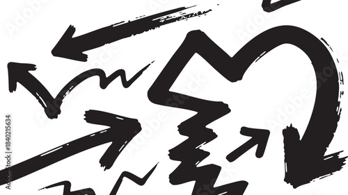 Grunge Hand-Drawn Arrow & Zigzag Set: Bold Black Brush Stroke Directional Design Elements