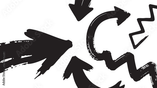 Grunge Hand-Drawn Arrow & Loop Set: Bold Black Brush Stroke Directional Pointers 
