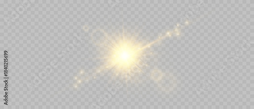 Glowing golden light flare with radiant beams, soft sparkles, and subtle bokeh rings on a transparent background. Ideal for magical effects, festive highlights, bright accents, and luminous decorative