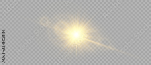 Warm Golden Sun Lens Flare with Soft Glowing Halos, Radiant Radial Rays & Trailing Light Streak – Isolated Transparent Background Optical Effect for Photo Overlays, Cinematic VFX, Summer Social Media,