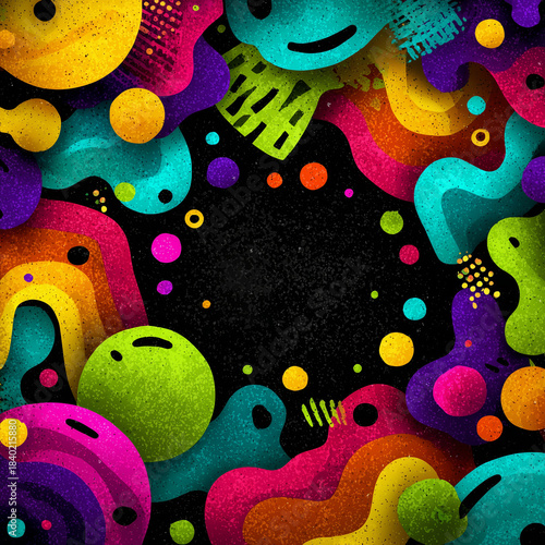 Bright abstract shapes and colorful bubbles surround a dark center, forming an energetic, playful, dynamic composition with textured graphics.
