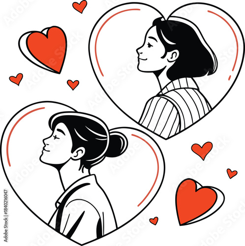 Loving couple profiles in heart shapes with romantic hearts