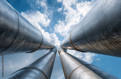 Two large industrial steel pipes extending upward towards the sky with clouds, metallic tablet device texture, and rust accents against a blue sky backdrop