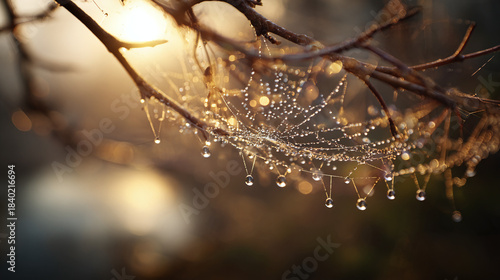 A glistening spiderweb adorned with droplets of water, captured in the soft morning light. The delicate structure hangs from a slender branch, showcasing nature's intricate beauty