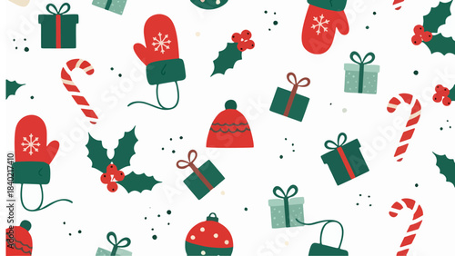 vector illustration of christmas themed pattern with colorful gloves, gifts, beanie, mistletoe