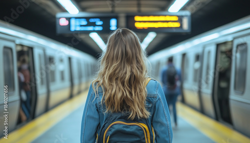 Young woman with backpack waiting for metro train on modern platform