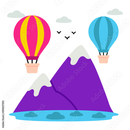 A unique design icon of mountains with hot air balloons showcasing hilly area