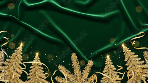 Elegant Christmas background with golden trees and ribbons on rich green satin fabric. Christmas decor features shimmering trees and festive elements creating a warm,