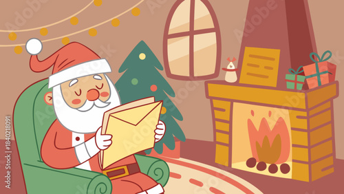 Santa's Secret: A cheerful depiction of Santa Claus immersed in the holiday spirit, reading a letter by a cozy fireplace. It's a whimsical scene evoking feelings of joy and anticipation.