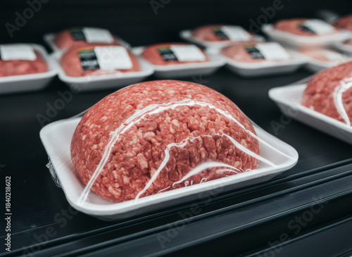 Ground beef in a plastic grocery store package. Fresh meat for retail sale. Food safety and pre-packaged meal concept.