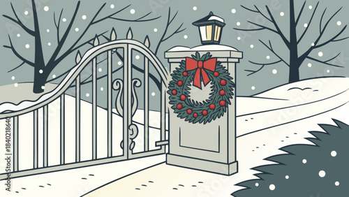 Festive Entrance: A snow-dusted gate adorned with a holiday wreath welcomes viewers to a winter scene, under a softly lit lamp.