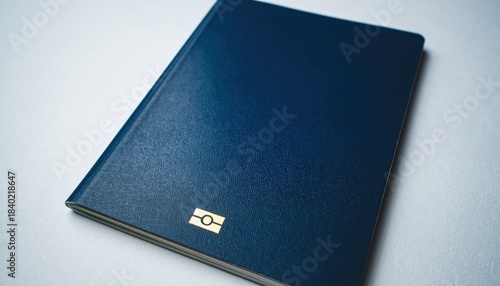 A sophisticated dark blue hardcover book featuring a golden emblem resting angled on a clean white surface