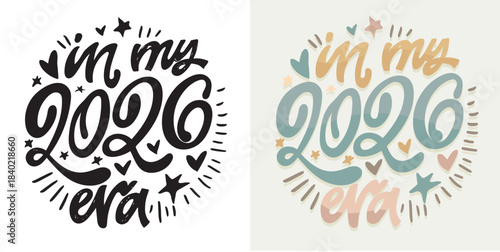 In my new year era - cute hand drawn doodle lettering postcard.  Holly Jolly, Tis the season. 2026