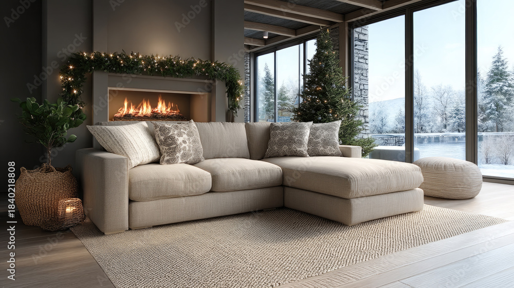 Fototapeta premium Cozy modern living room with beige sectional sofa, fireplace, Christmas tree, large windows, winter landscape, and warm holiday ambiance