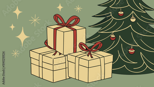 Gift-laden Festive Scene: A collection of meticulously wrapped gifts, adorned with elegant bows, rests beneath a beautifully decorated tree, setting the scene for a season of giving and celebration. 