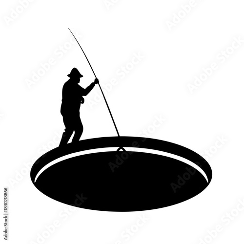Fisherman stands at the edge of a deep hole during an outdoor fishing activity in the early morning