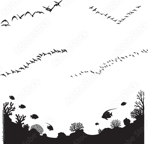 Flying Birds Flock Migration Coral Reef Fish Black Silhouette Vector Set