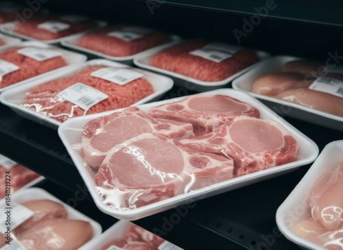 Fresh prepackaged pork chop meat in a refrigerated display case at a grocery store, ready for customer purchase and dinner preparation.