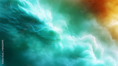 Dramatic abstract turquoise clouds swirling in dynamic motion, creating a vivid atmospheric scene with energetic texture, vibrant color gradients & a sense of movement inspired by natural sky patterns