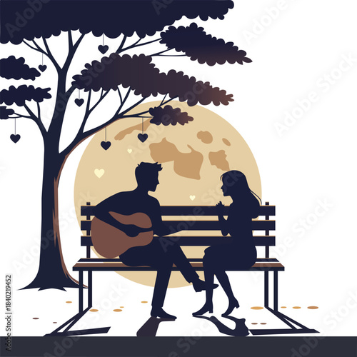 Couple silhouette under a moonlit tree, romantic guitar scene illustration