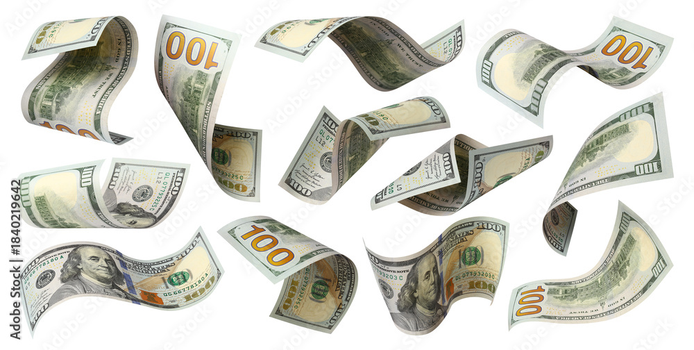 Fototapeta premium Set of flying 100 dollars banknotes, isolated on transparent cutout background