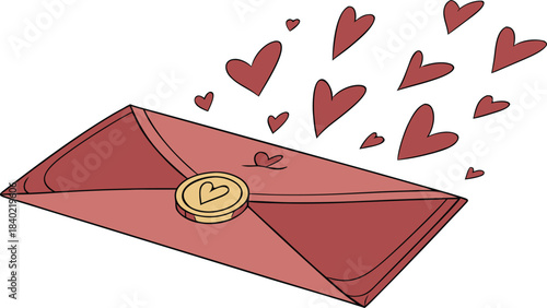 Romantic pink envelope with golden seal and floating hearts