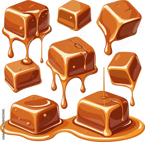 Create a kinds of deferent realistic Caramel piece dripping with caramel sauce vector art with white background.