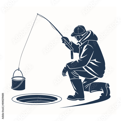 Winter fishing on an icy lake at dawn with a person sitting by a hole in the ice holding a fishing rod