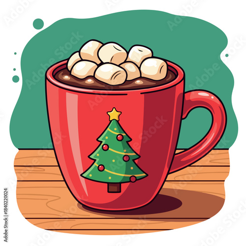 Red mug with Christmas tree design and marshmallow topping, vector illustration