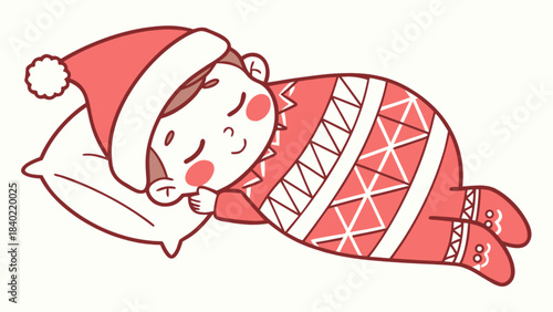 Sweet Dreams in Festive Sleepwear: A cute young child, wrapped in a comfortable and cozy patterned sleepwear and a soft pillow , drifts peacefully off to dreamland.