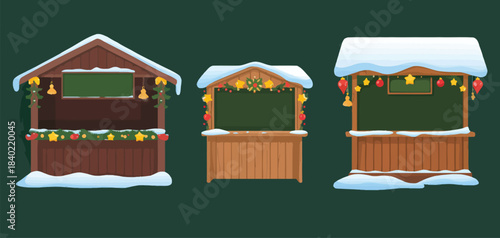 Winter market stall collection featuring holiday fair stands and small festive shops, isolated flat vector elements for seasonal design, Christmas graphics, and cheerful winter illustration projects.