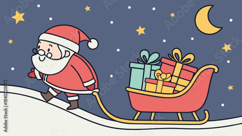 Santa's Christmas Delivery: A jolly illustration of Santa Claus pulling a sleigh filled with beautifully wrapped gifts on a snowy night under the watchful eye of a crescent moon and twinkling stars.