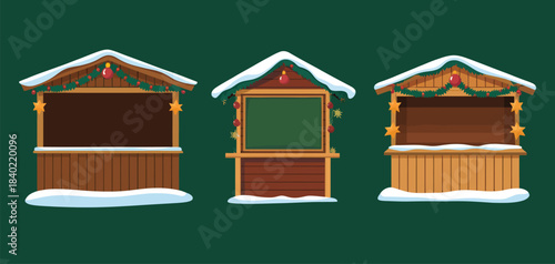  Winter stall and holiday fair stands, isolated flat vector shops for festive markets, seasonal decoration projects,