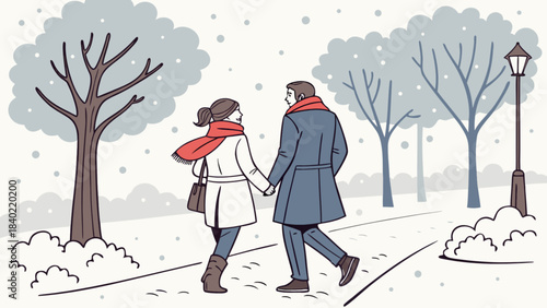 Winter Romance: A couple strolls hand-in-hand through a snow-kissed park, their hearts warmed by love amidst the serene winter landscape. 
