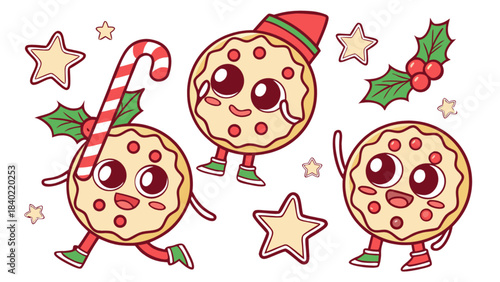 Festive Cookie Delight: Whimsical cookie characters frolic joyfully amidst holiday elements like candy canes and stars, exuding the cheer and warmth of the season.