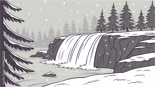 Winter Waterfall Illustration: A captivating monochrome illustration of a serene winter scene features a majestic waterfall cascading over a snow-covered cliff.