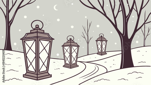 Lanterns in Winter Landscape: A serene winter scene unfolds, where illuminated lanterns line a snow-covered path, guiding the way through a landscape of bare trees under a starry night.